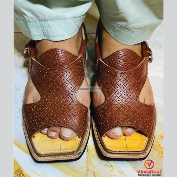 Traditional Handmade Peshawari Chappal: Brown Leather Ethnic Shoes - Picture 1 of 7
